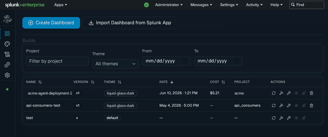 Every build tracked, versioned, and themed, with the SPL cost of each one.