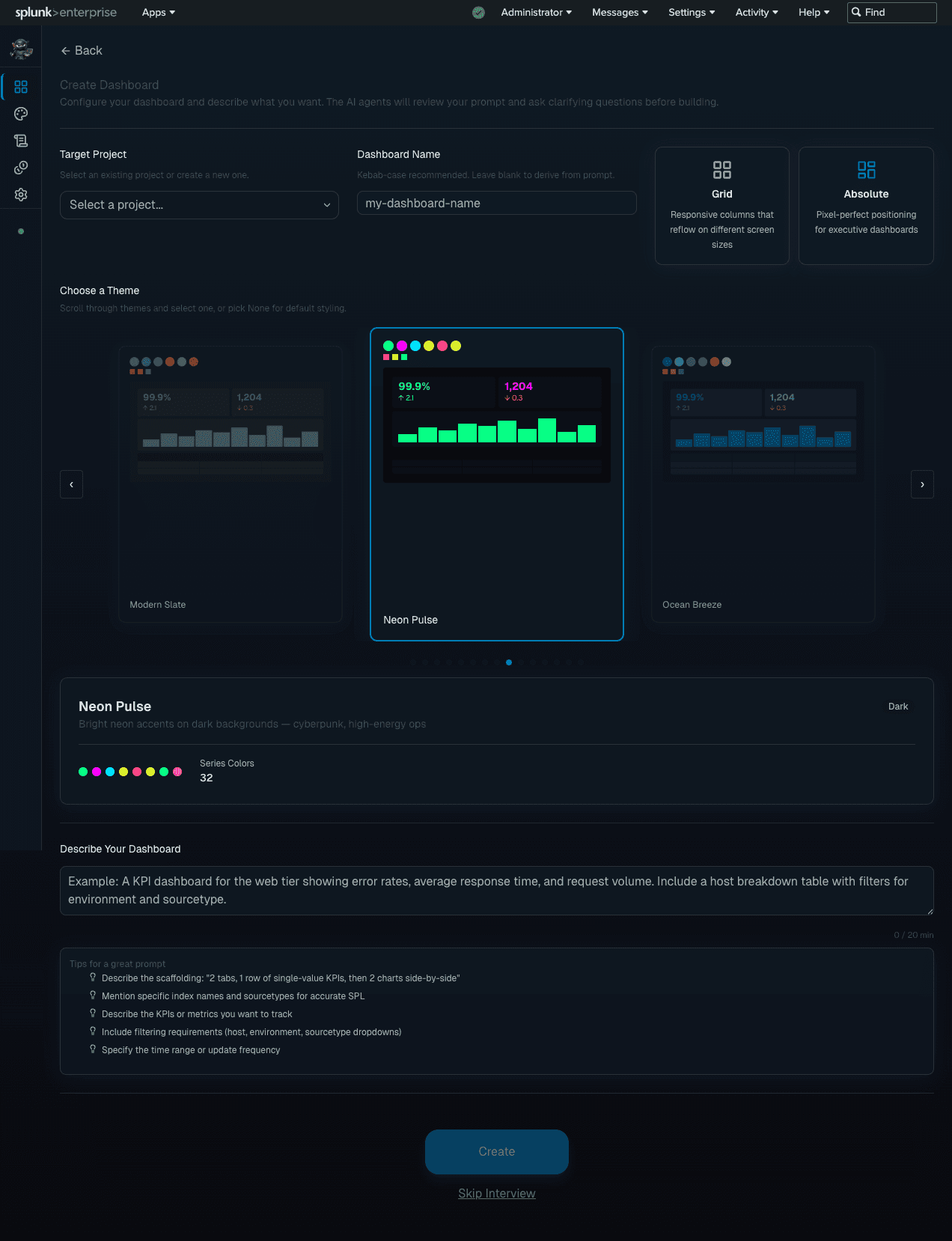 Pick a theme, then describe the dashboard you want in a sentence.